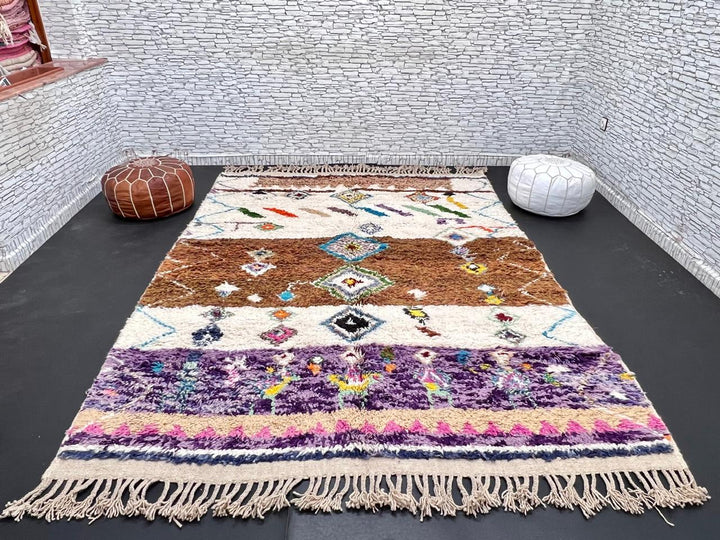 Modern Moroccan wool rug with earth tones and floating diamond pattern