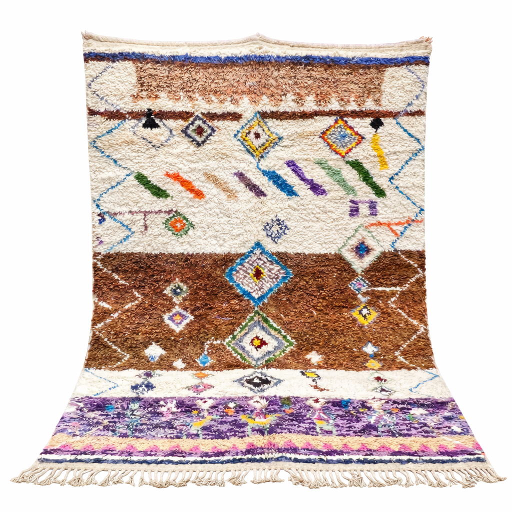 Modern Moroccan wool rug with earth tones and floating diamond pattern