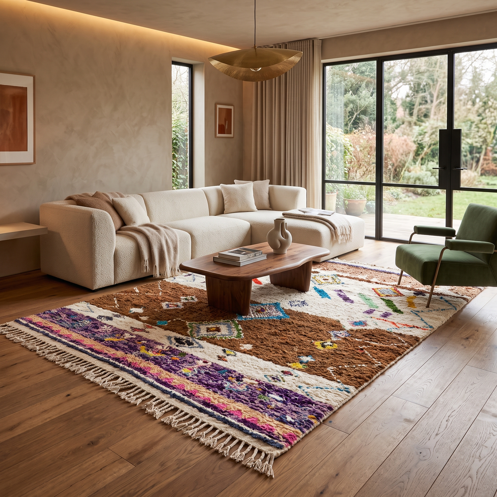 Modern Moroccan wool rug with earth tones and floating diamond pattern
