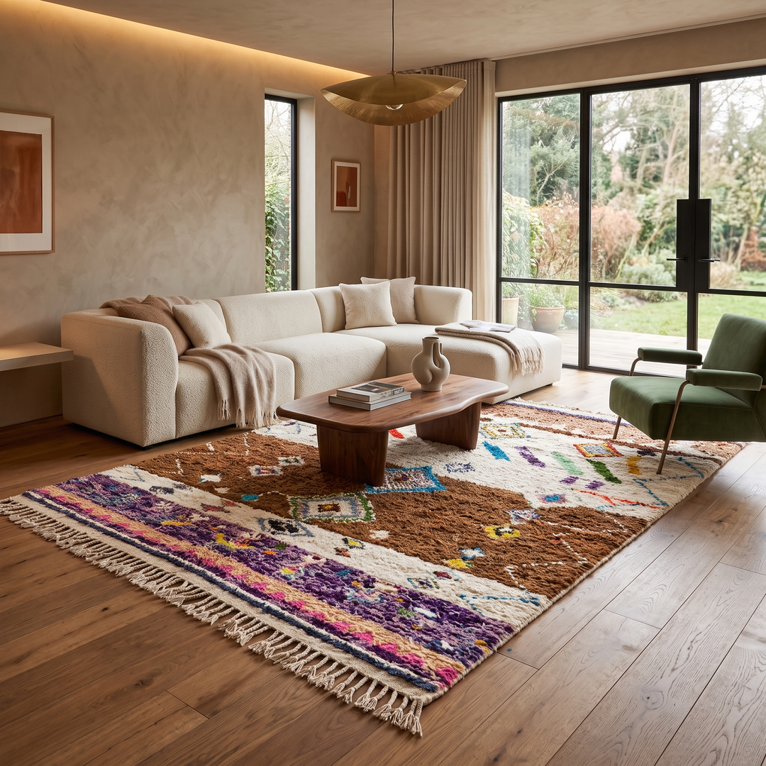 Modern Moroccan wool rug with earth tones and floating diamond pattern
