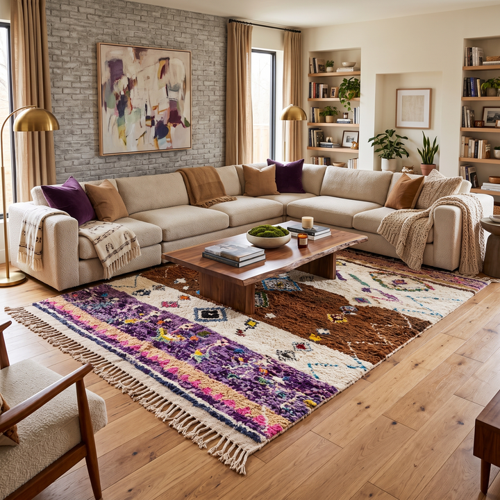 Modern Moroccan wool rug with earth tones and floating diamond pattern
