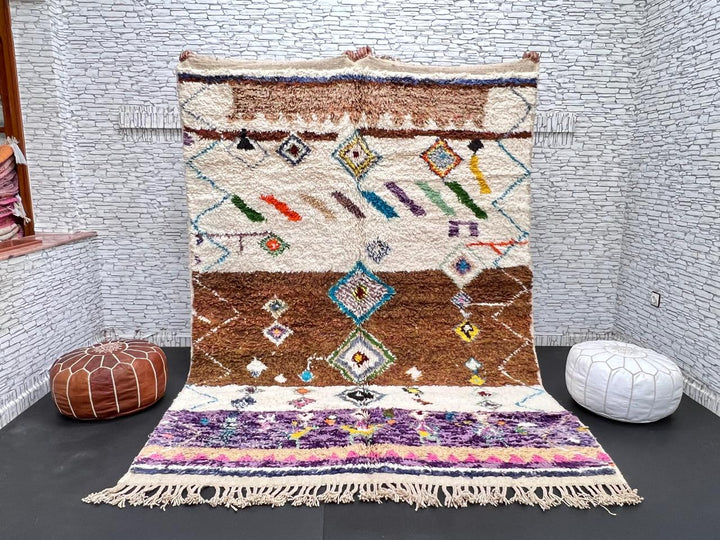 Modern Moroccan wool rug with earth tones and floating diamond pattern