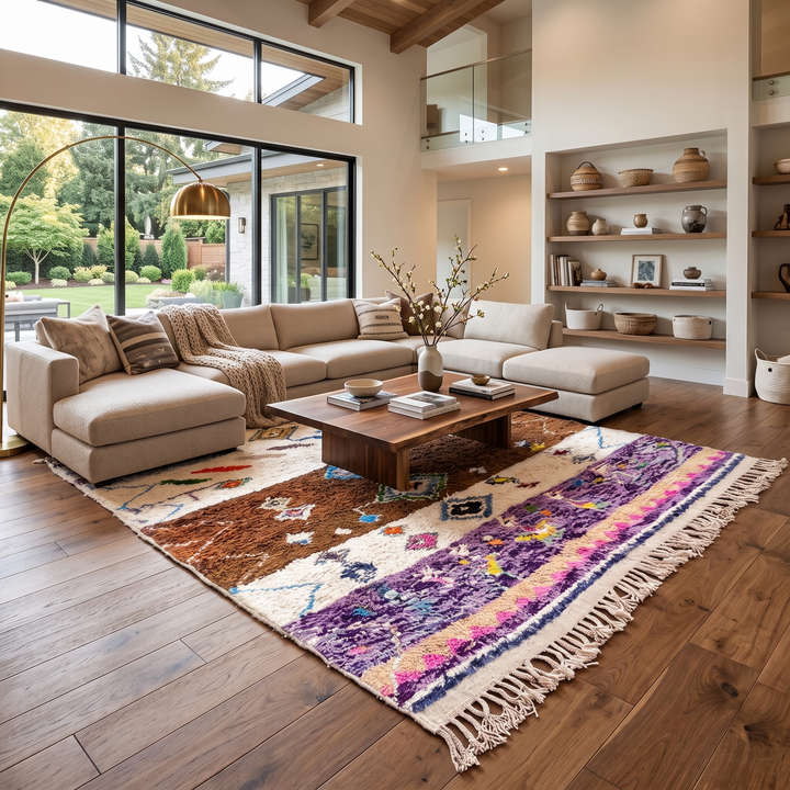 Modern Moroccan wool rug with earth tones and floating diamond pattern
