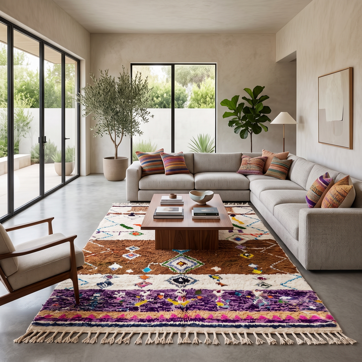 Modern Moroccan wool rug with earth tones and floating diamond pattern
