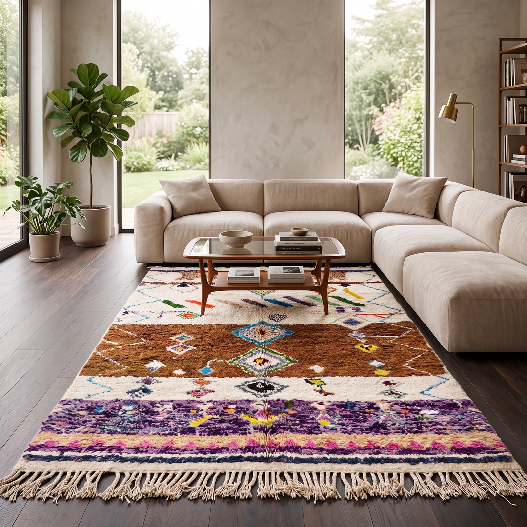 Modern Moroccan wool rug with earth tones and floating diamond pattern
