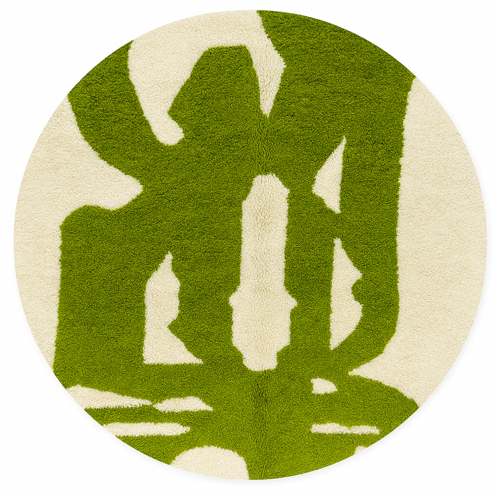 Round abstract Moroccan rug with vibrant green and white organic pattern.