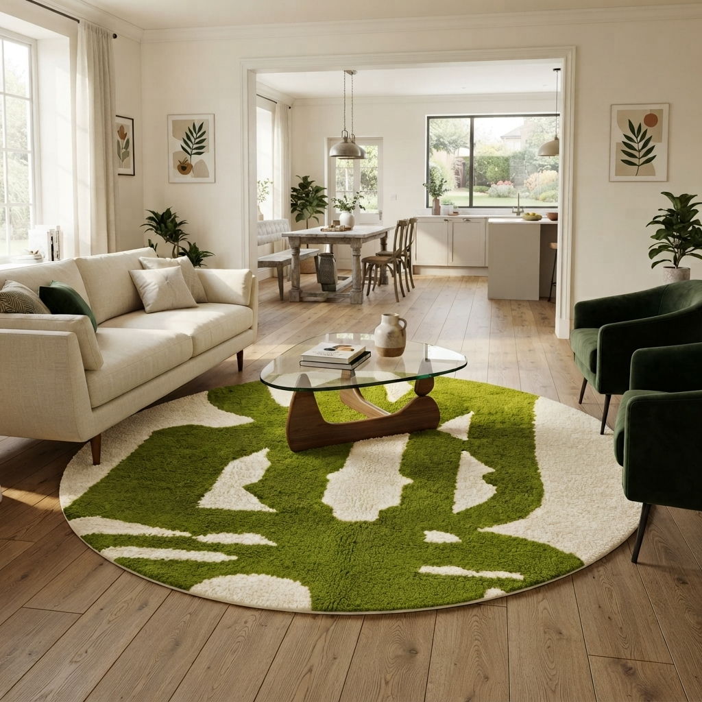 Round abstract Moroccan rug with vibrant green and white organic pattern.