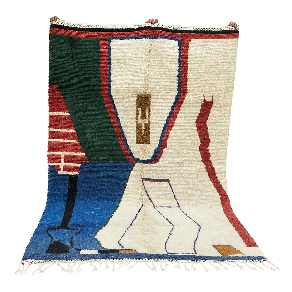 Abstract handmade Moroccan wool rug in green, red, blue, brown, and cream – geometric Berber design