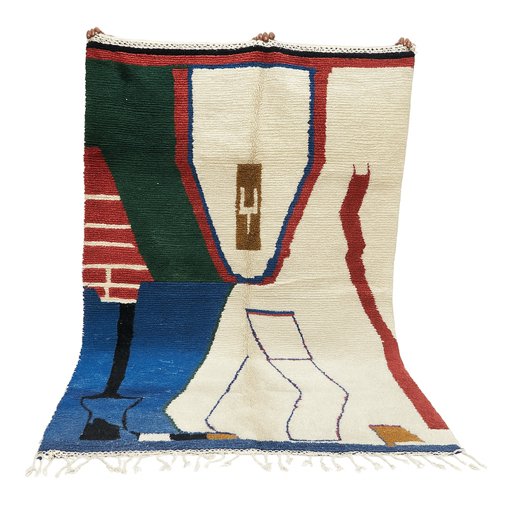 Abstract handmade Moroccan wool rug in green, red, blue, brown, and cream – geometric Berber design