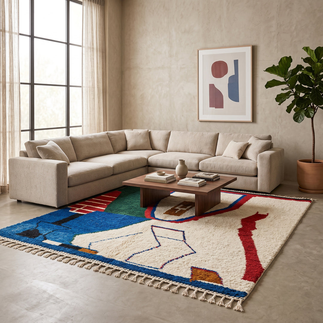 Abstract handmade Moroccan wool rug in green, red, blue, brown, and cream – geometric Berber design
