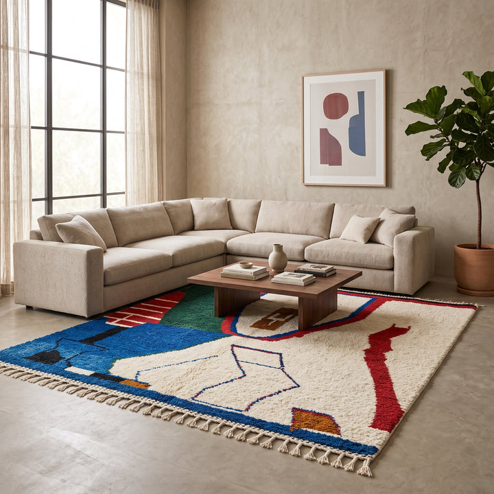 Abstract handmade Moroccan wool rug in green, red, blue, brown, and cream – geometric Berber design
