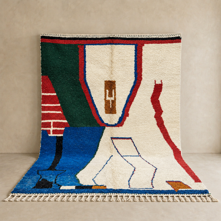 Abstract handmade Moroccan wool rug in green, red, blue, brown, and cream – geometric Berber design
