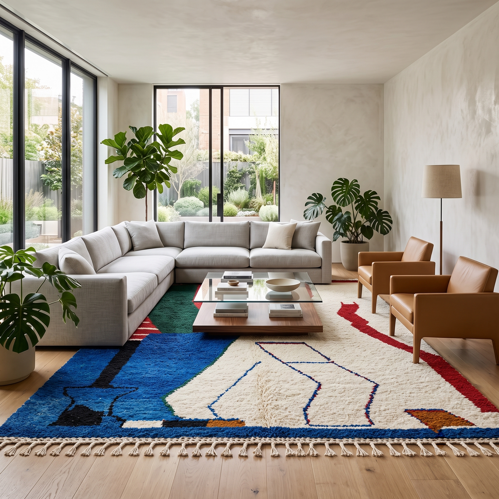 Abstract handmade Moroccan wool rug in green, red, blue, brown, and cream – geometric Berber design
