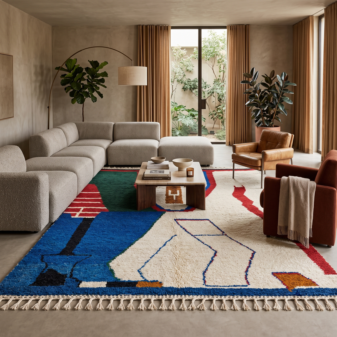 Abstract handmade Moroccan wool rug in green, red, blue, brown, and cream – geometric Berber design
