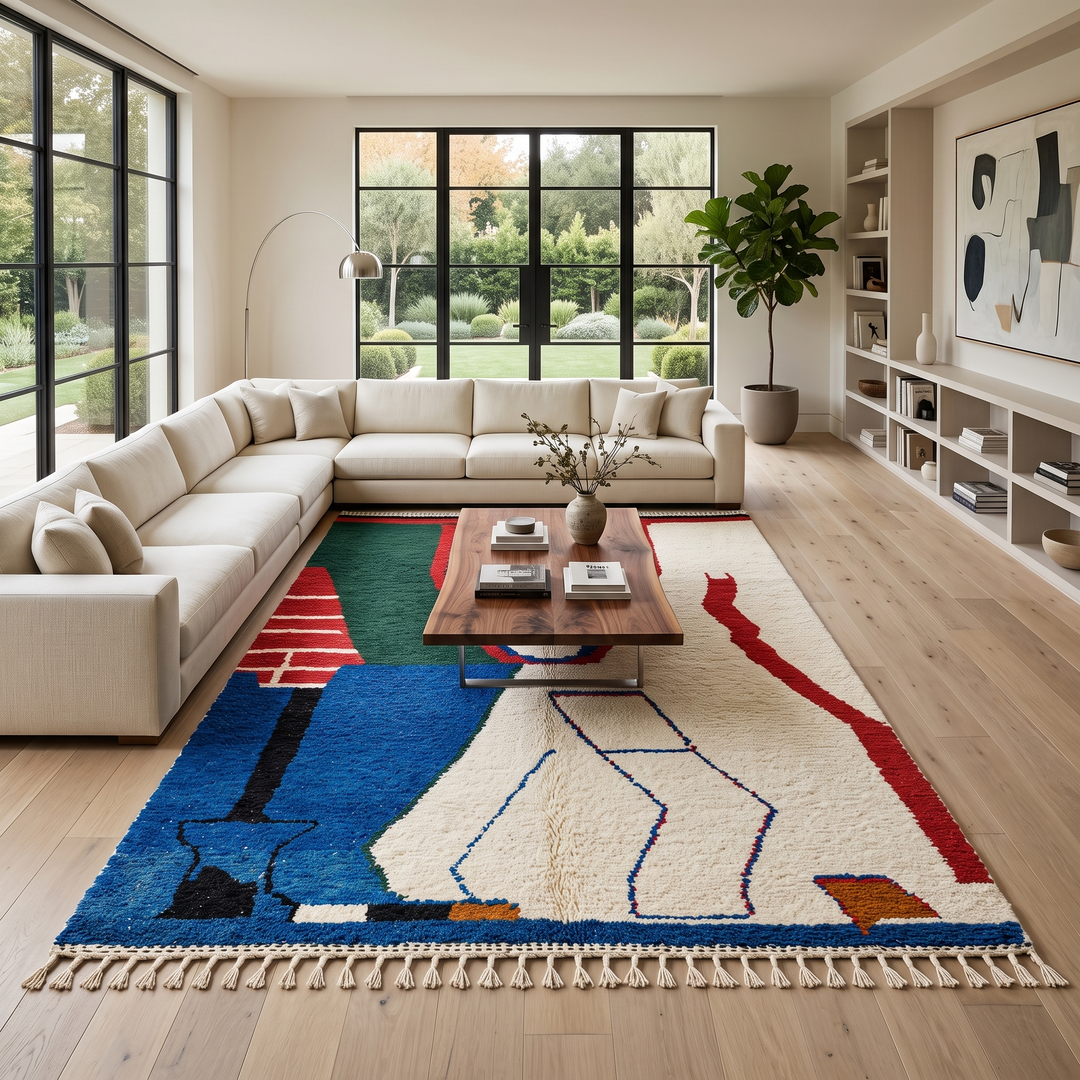 Abstract handmade Moroccan wool rug in green, red, blue, brown, and cream – geometric Berber design
