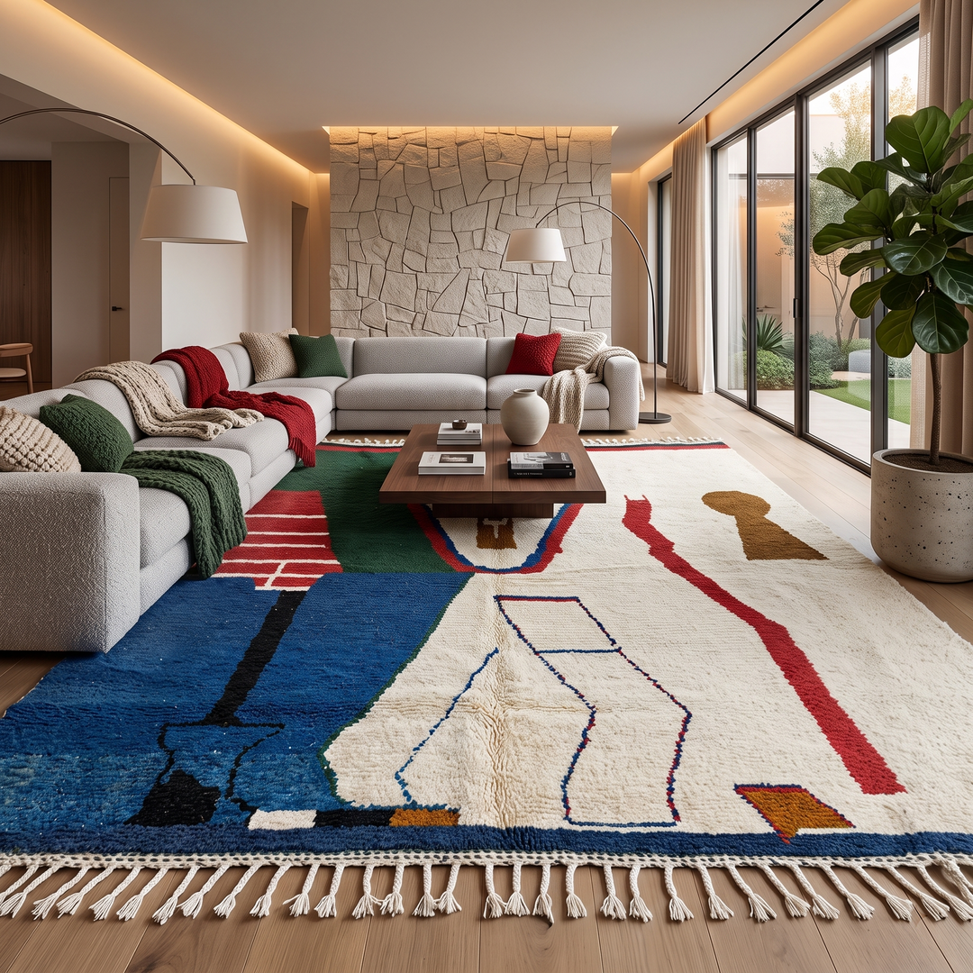 Abstract handmade Moroccan wool rug in green, red, blue, brown, and cream – geometric Berber design
