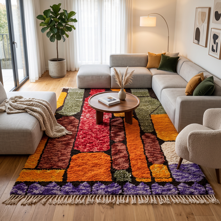 Abstract color block Moroccan wool rug with bold orange, red, green, and purple geometric design
