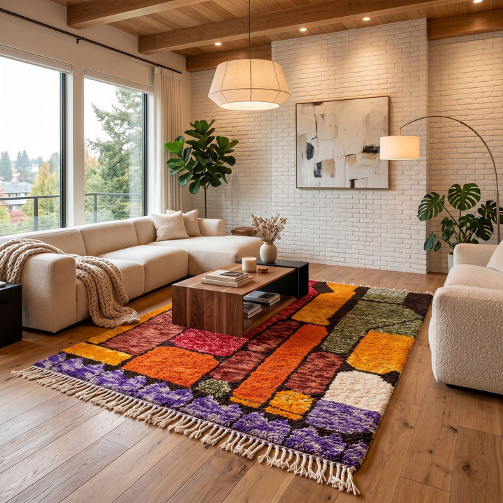 Abstract color block Moroccan wool rug with bold orange, red, green, and purple geometric design
