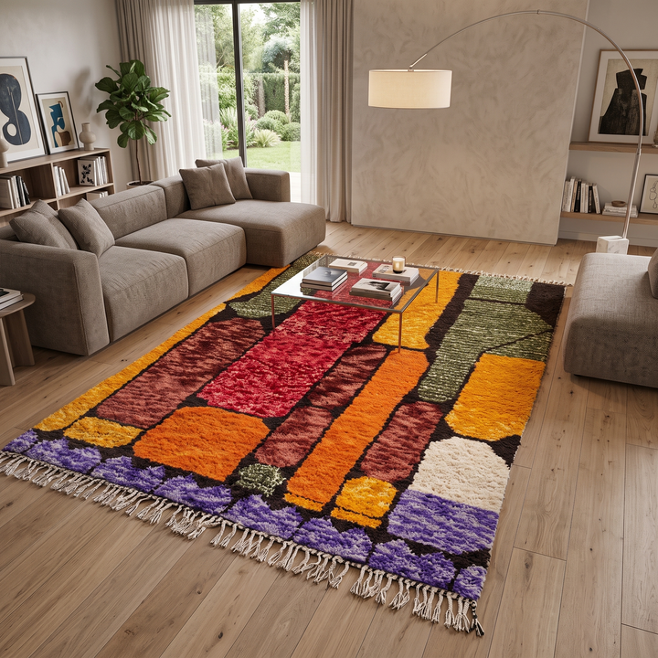 Abstract color block Moroccan wool rug with bold orange, red, green, and purple geometric design
