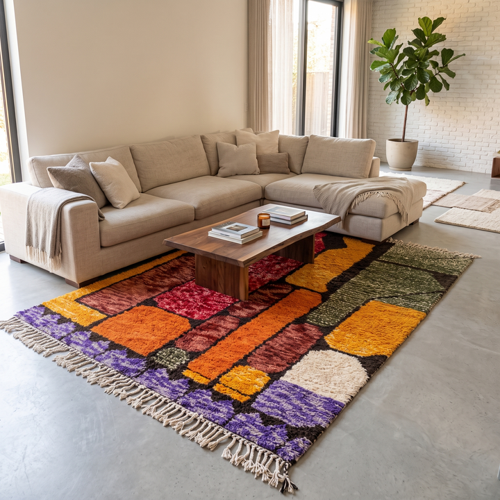 Abstract color block Moroccan wool rug with bold orange, red, green, and purple geometric design
