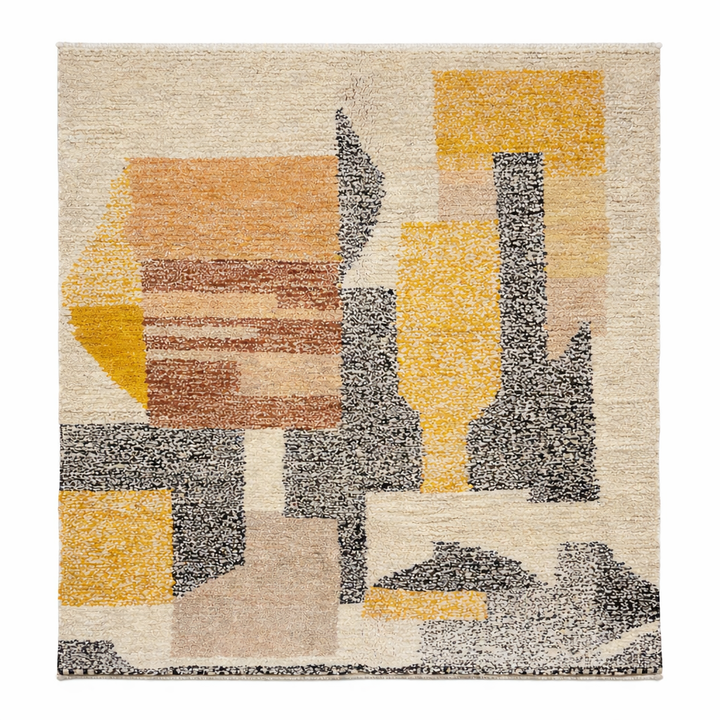 Handmade Moroccan wool rug with abstract earth-tone design. Soft plush texture, modern style, and ethically crafted in Morocco.