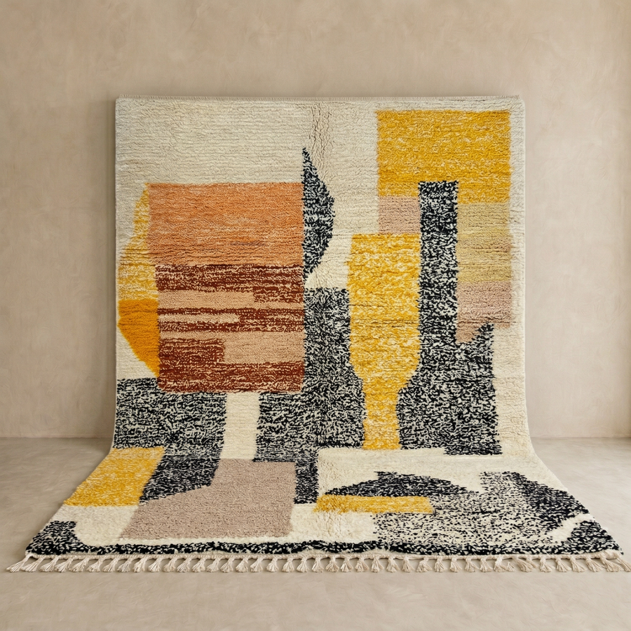 Handmade Moroccan wool rug with abstract earth-tone design. Soft plush texture, modern style, and ethically crafted in Morocco.