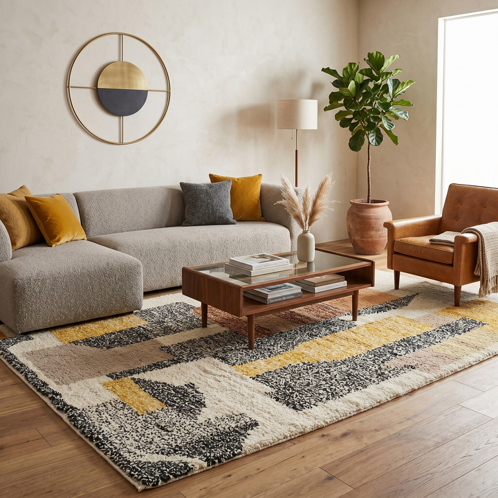 Handmade Moroccan wool rug with abstract earth-tone design. Soft plush texture, modern style, and ethically crafted in Morocco.