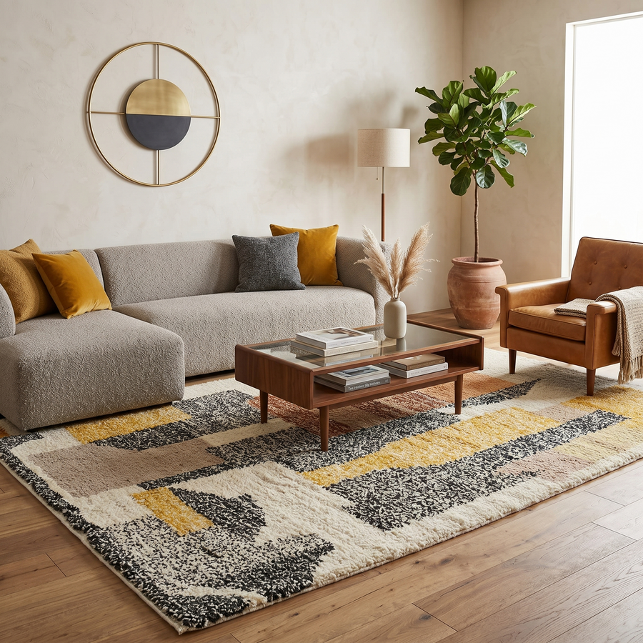 Handmade Moroccan wool rug with abstract earth-tone design. Soft plush texture, modern style, and ethically crafted in Morocco.