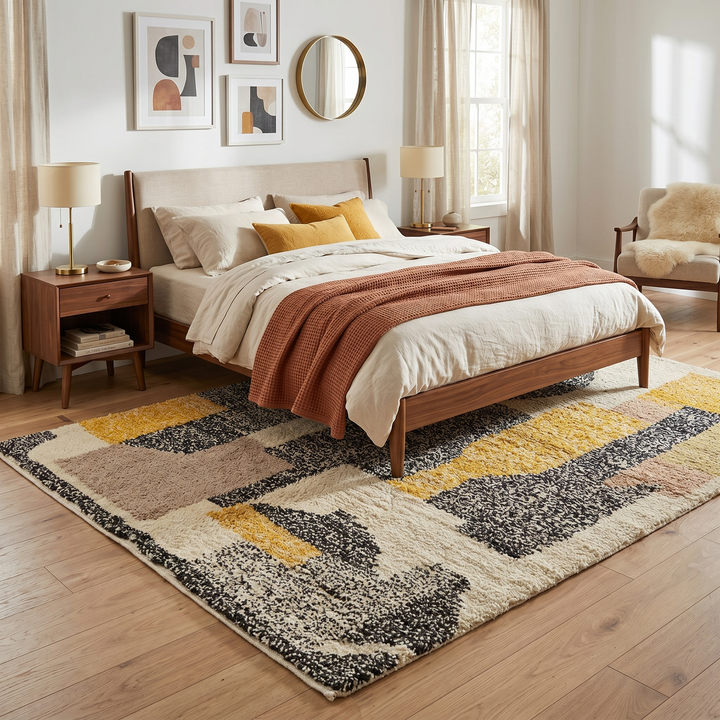 Handmade Moroccan wool rug with abstract earth-tone design. Soft plush texture, modern style, and ethically crafted in Morocco.