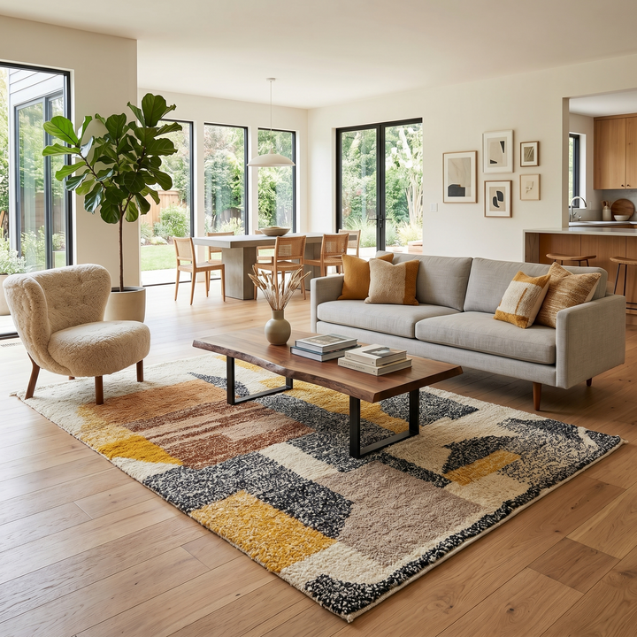 Handmade Moroccan wool rug with abstract earth-tone design. Soft plush texture, modern style, and ethically crafted in Morocco.