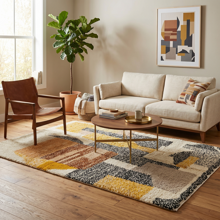 Handmade Moroccan wool rug with abstract earth-tone design. Soft plush texture, modern style, and ethically crafted in Morocco.