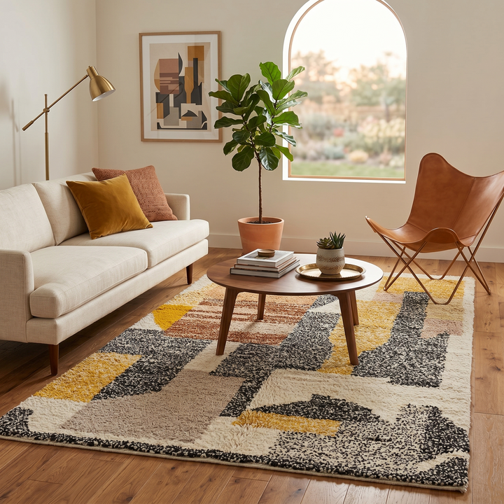 Handmade Moroccan wool rug with abstract earth-tone design. Soft plush texture, modern style, and ethically crafted in Morocco.