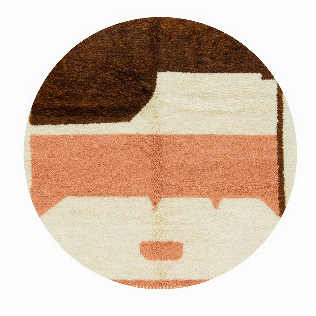Round Moroccan wool rug with modern abstract design in brown, peach, and white.