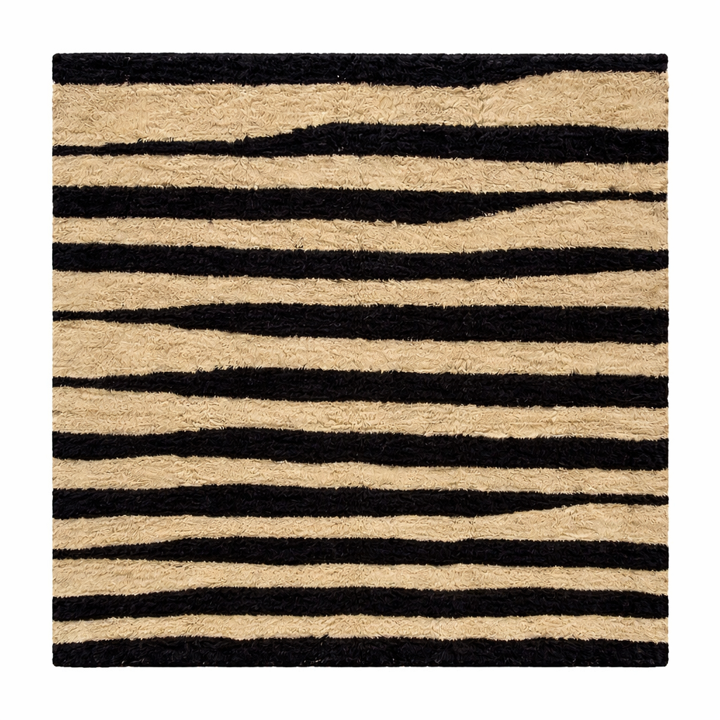 Abstract Moroccan wool rug in beige with black line pattern, handwoven by Berber artisans. Perfect as a contemporary area rug.