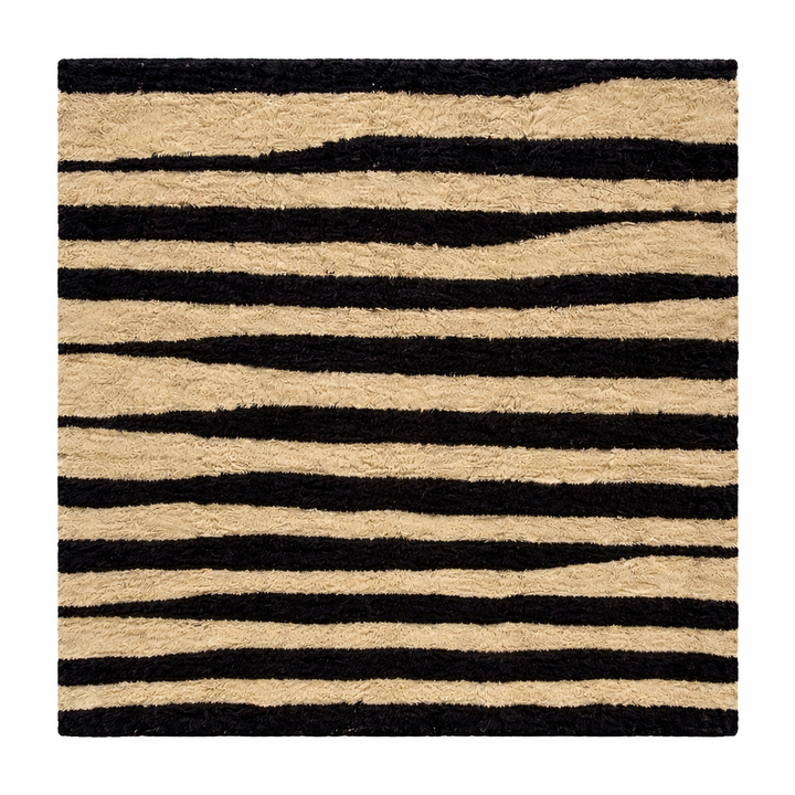 Abstract Moroccan wool rug in beige with black line pattern, handwoven by Berber artisans. Perfect as a contemporary area rug.