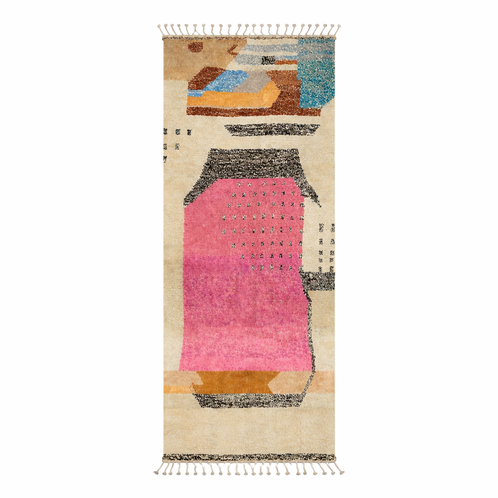 Artistic Moroccan wool runner rug with abstract Berber design and pink center