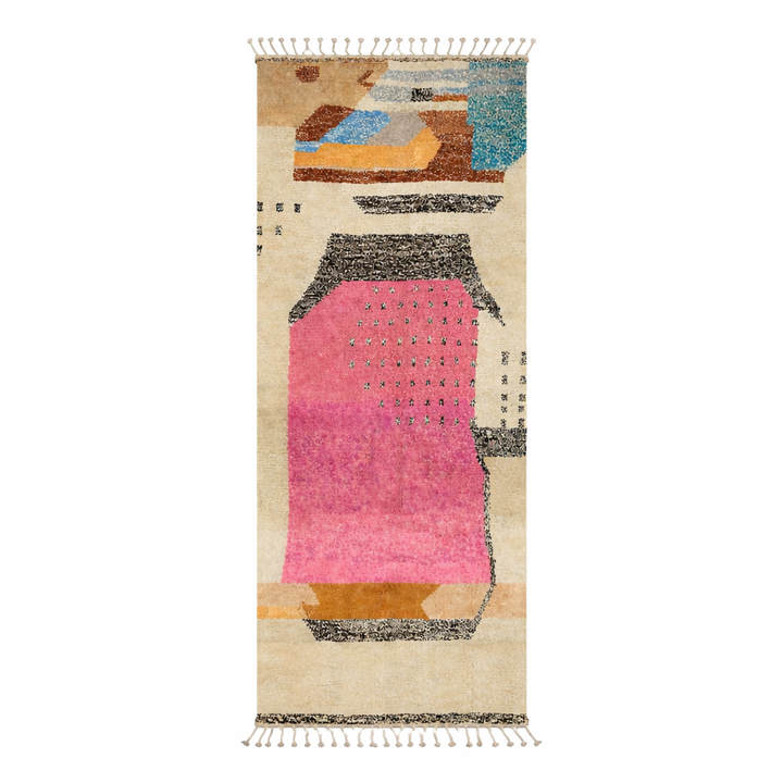 Artistic Moroccan wool runner rug with abstract Berber design and pink center