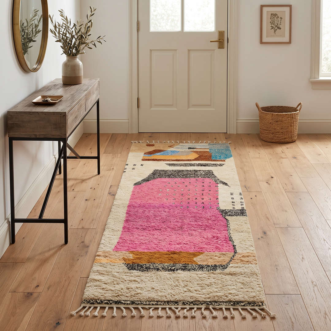Artistic Moroccan wool runner rug with abstract Berber design and pink center