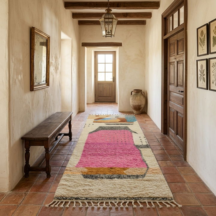 Artistic Moroccan wool runner rug with abstract Berber design and pink center