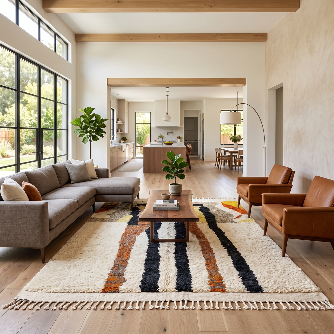 Handmade ivory Moroccan wool rug with orange, black, yellow, and gray abstract stripe patterns – modern Berber rug