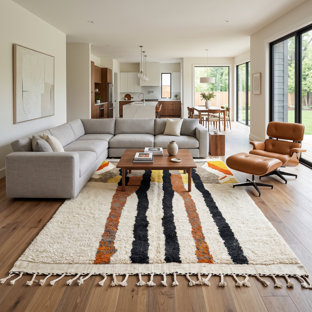 Handmade ivory Moroccan wool rug with orange, black, yellow, and gray abstract stripe patterns – modern Berber rug
