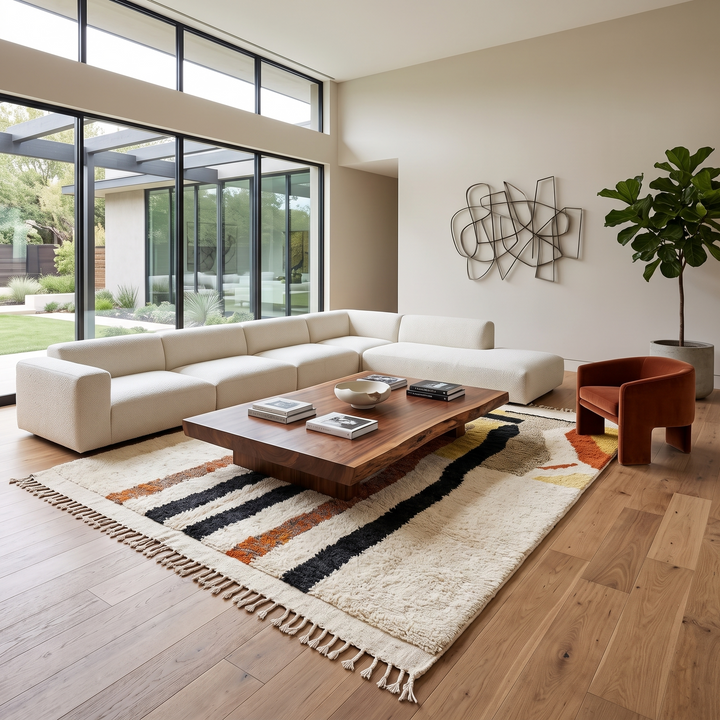 Handmade ivory Moroccan wool rug with orange, black, yellow, and gray abstract stripe patterns – modern Berber rug