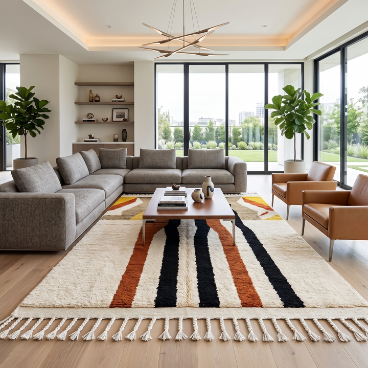 Handmade ivory Moroccan wool rug with orange, black, yellow, and gray abstract stripe patterns – modern Berber rug