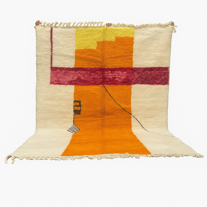 Handwoven abstract Moroccan wool rug with orange, red, and cream geometric design