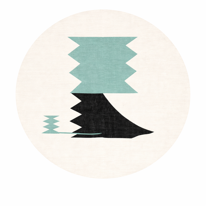 Abstract round Moroccan kilim rug with flatweave wool design in white, black, and teal.