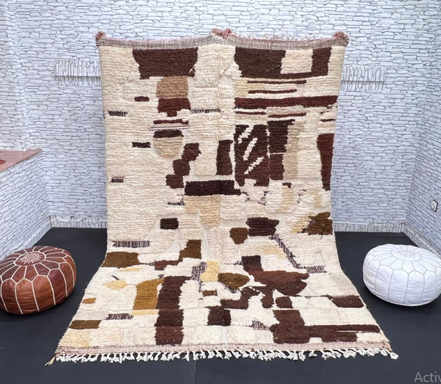 Abstract brown Moroccan Azilal wool rug with earth-tone geometric pattern