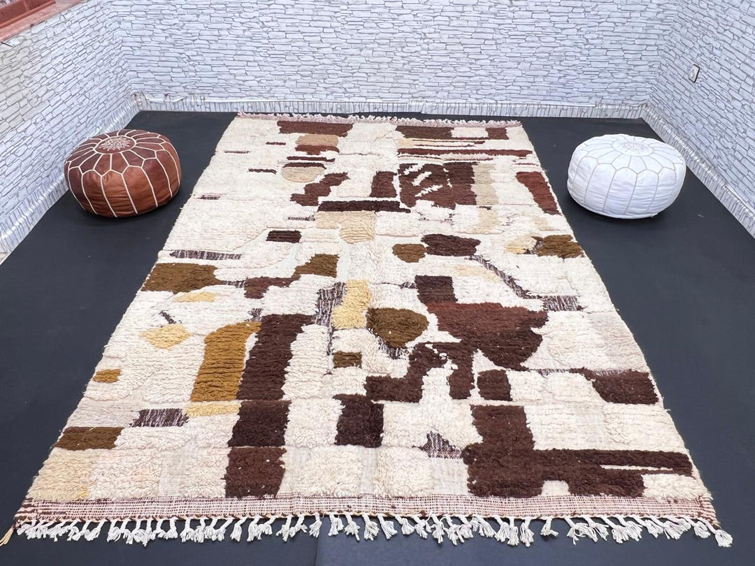 Abstract brown Moroccan Azilal wool rug with earth-tone geometric pattern