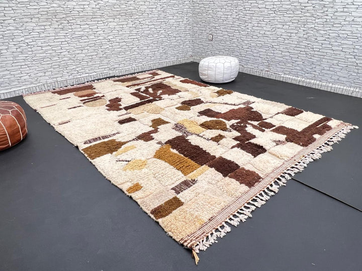 Abstract brown Moroccan Azilal wool rug with earth-tone geometric pattern