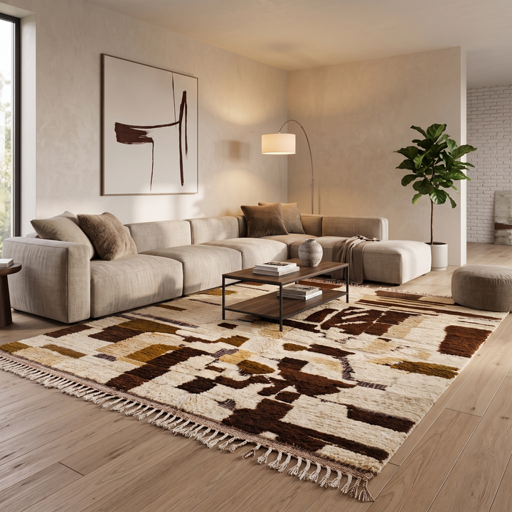 Abstract brown Moroccan Azilal wool rug with earth-tone geometric pattern
