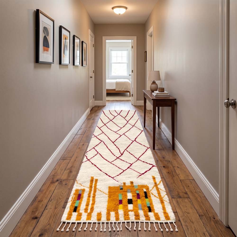 Handmade abstract Moroccan runner rug in white wool with flowing red line design, woven by Berber artisans.
